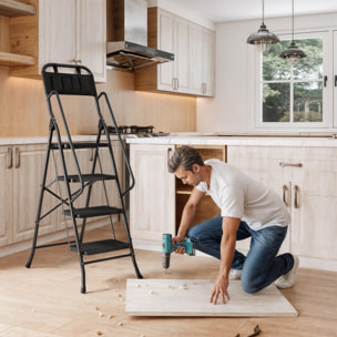 Escalera Plegable de 4 Peldaños con Bolsa de Herramientas, Escalera de Tijera, Carga 150 kg, con Peldaños Anchos Antideslizantes, Bloqueo de Seguridad, Apoyabrazos, Negro
