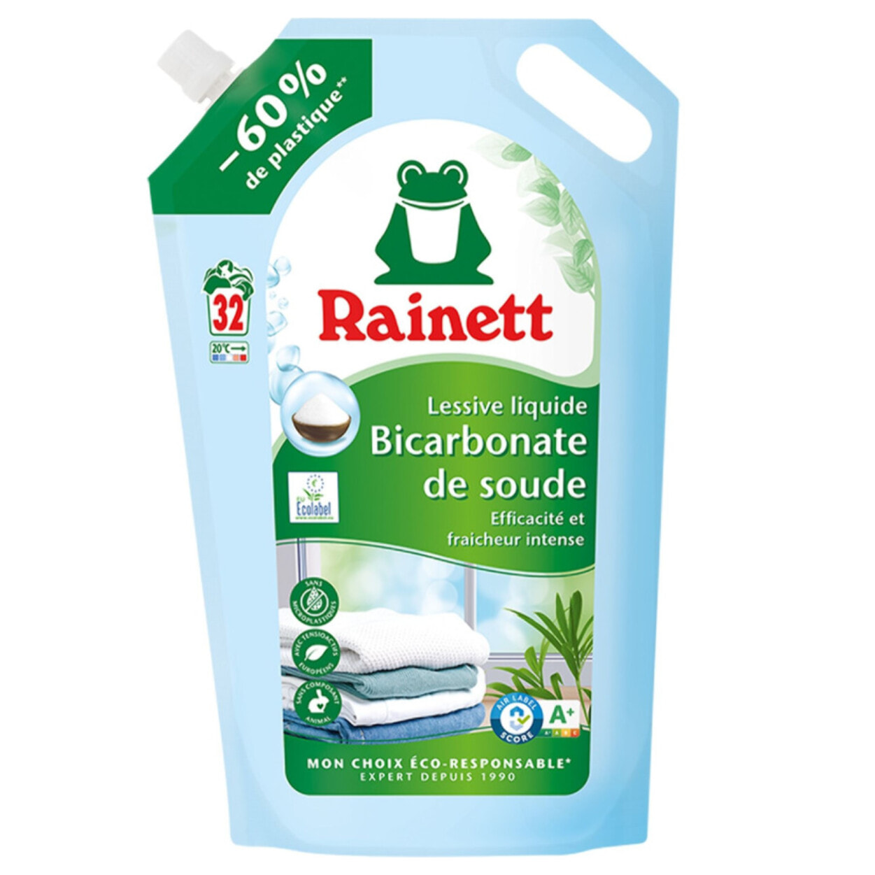 Pack de 5 - Rainett - Lessive Liquide Peaux Sensibles Ecolabel Bicarbonate 1,6l - Recharge 32 lavages