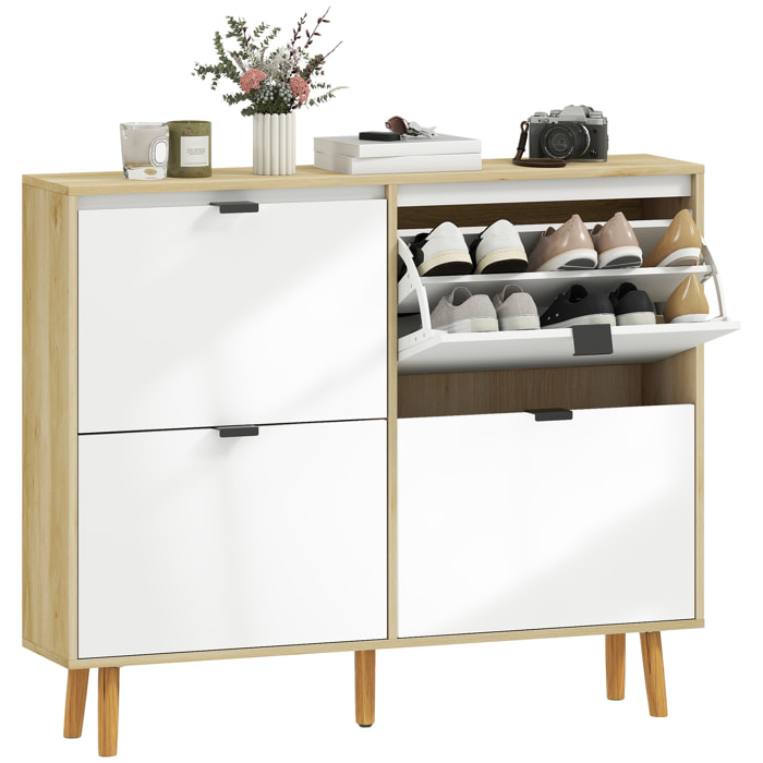 Zapatero Estrecho con 4 Puertas en Blanco Brillo, Zapatero Entrada Recibidor con Estantes Ajustables Patas de Madera, para 20 Pares de Zapatos, 105x24x92,5 cm Blanco