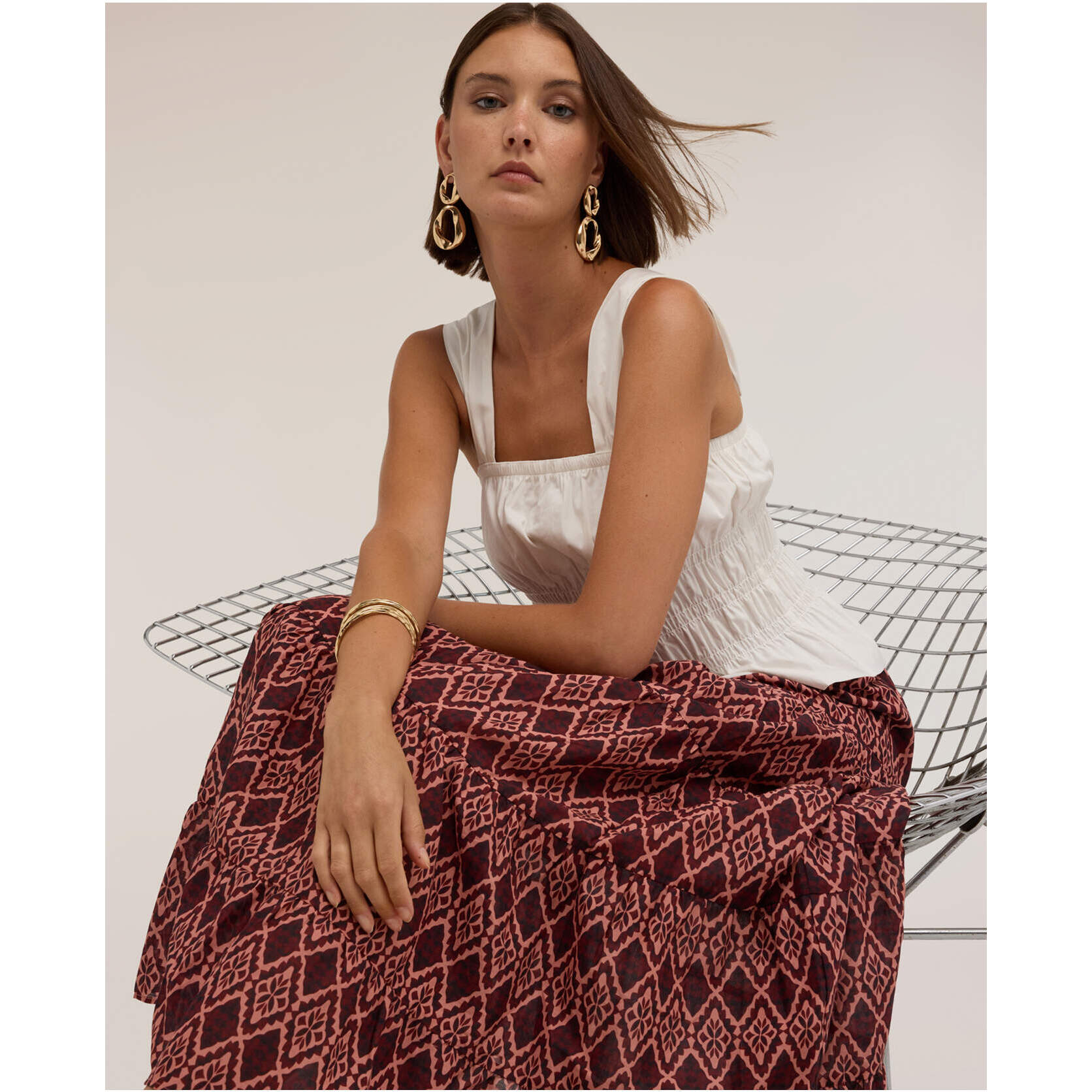 Motivi - Gonna svasata maxi in voile con stampa geometrica - Bordeaux