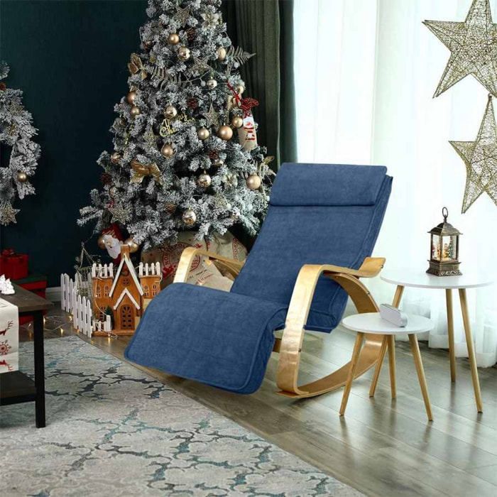 Poltrona a dondolo blu con braccioli in legno di betulla