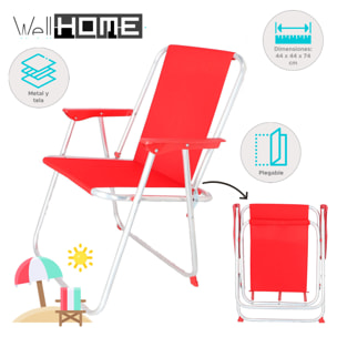 Well home - juego de 2 sillas de playa metálica plegable de color rojo 44x44x74cm