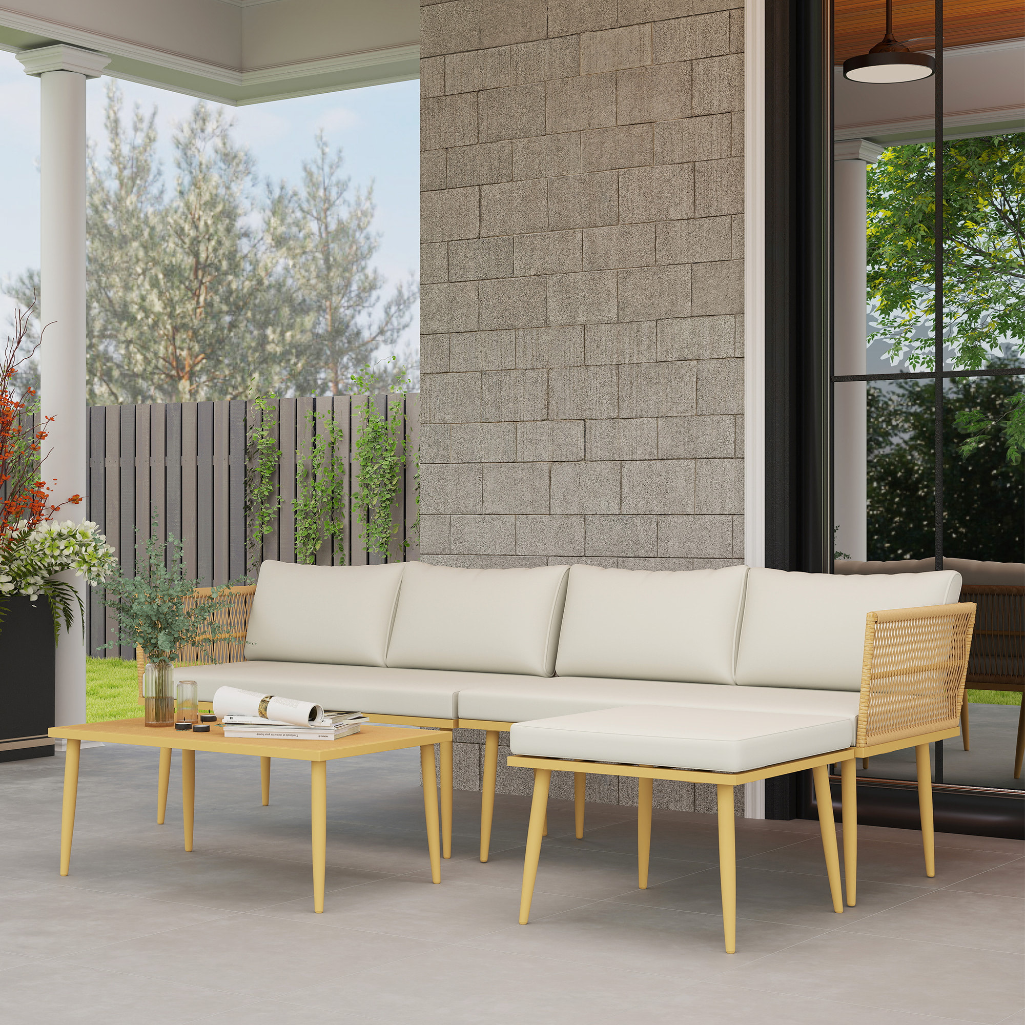 Conjunto de Jardín Exterior de Ratán Sintético de 4 Piezas Muebles de Jardín Exterior Sofá Esquinero Incluye 2 Sofás de 2 Plazas 1 Reposapiés 1 Mesa de Centro con Cojines Natural