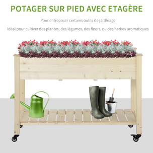 Jardinière sur pieds - potager sur roulettes - étagère, inserts d'irrigation, feutre de drainage inclus - bois massif sapin