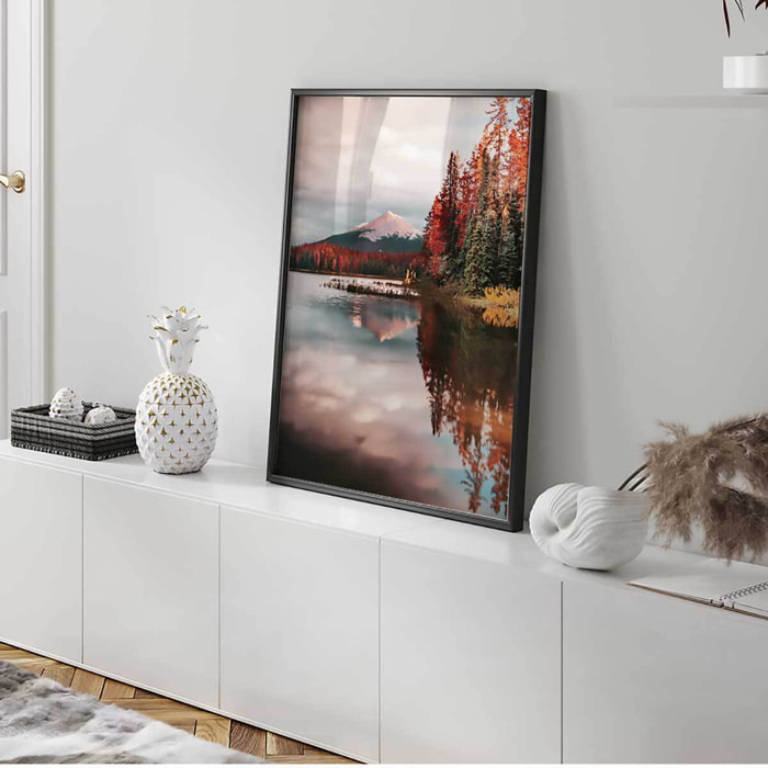 Affiche encadrée paysage de montagne et lac au coucher du soleil Affiche + cadre en métal - Noir