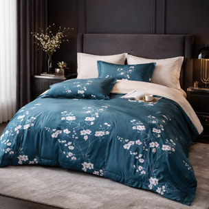 Parure housse de couette 100% coton - Tsuki imprimé floral bleu nuit