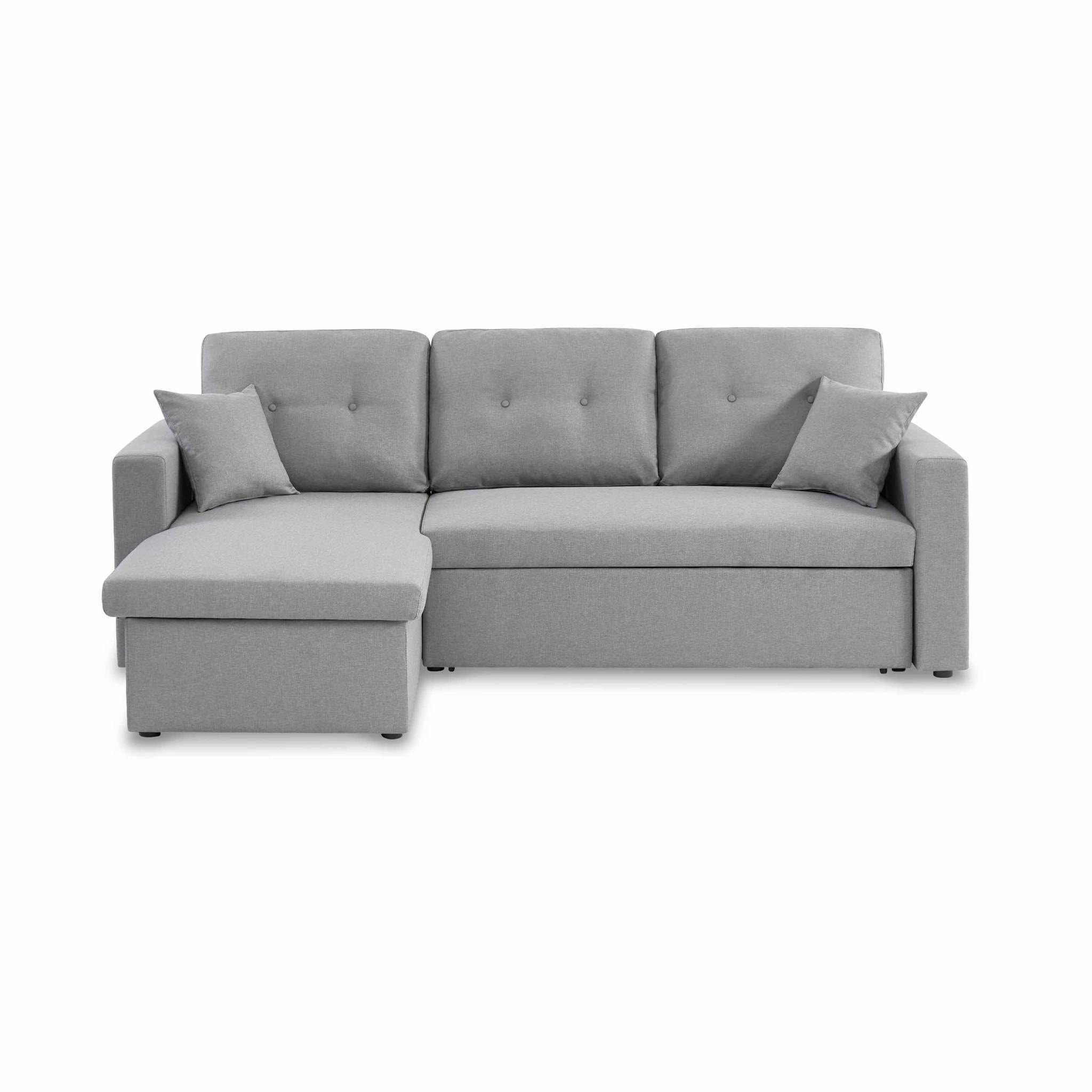 Canapé d'angle convertible en tissu gris clair - IDA - 3 places. fauteuil d'angle réversible coffre rangement lit modulable