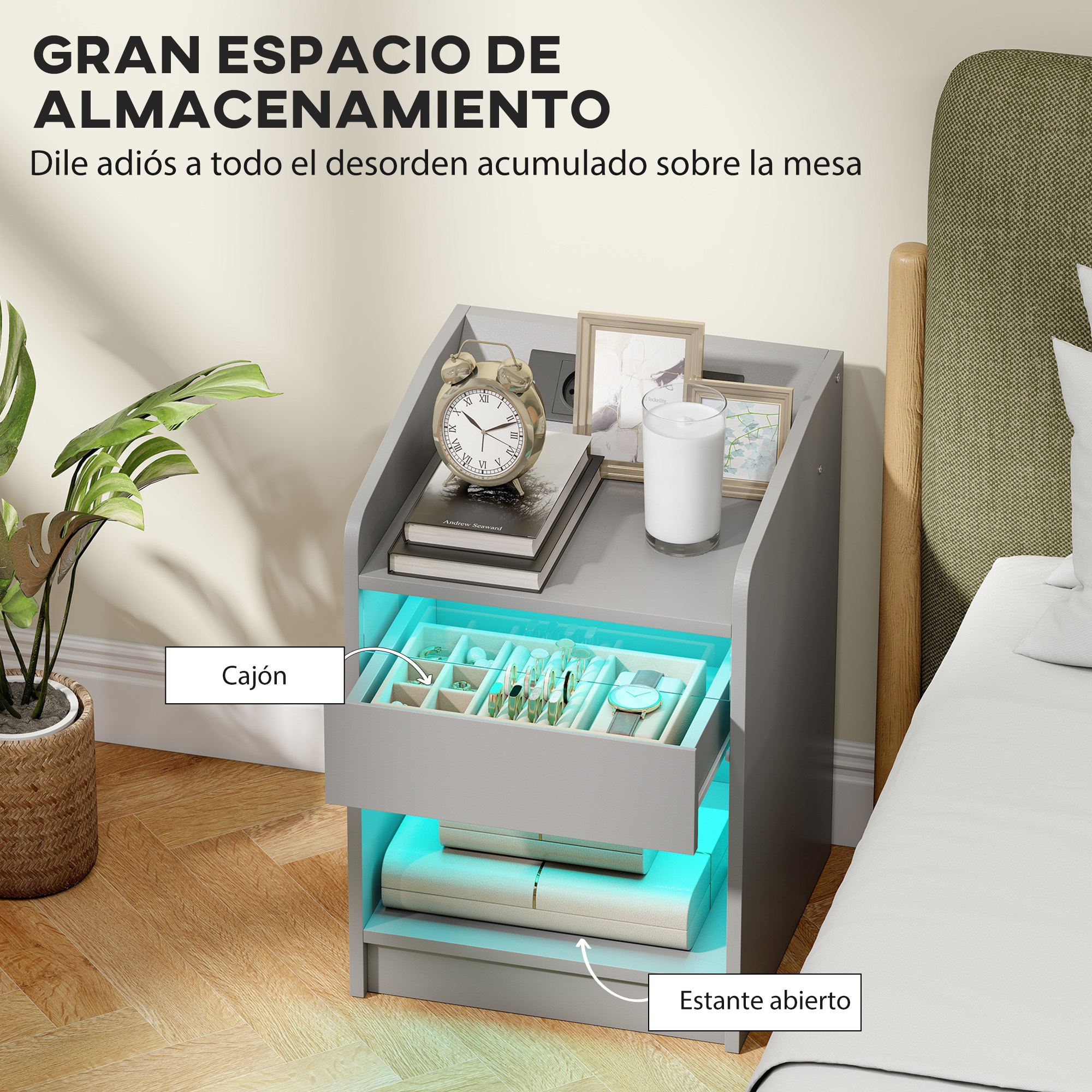Mesita de Noche con Estación de Carga y Luz LED RGB, Mesilla de Noche Dormitorio con Cajón, Estante Abierto, Puertos USB y Control Remoto, para Salón, Estudio, 40x40x58 cm, Gris