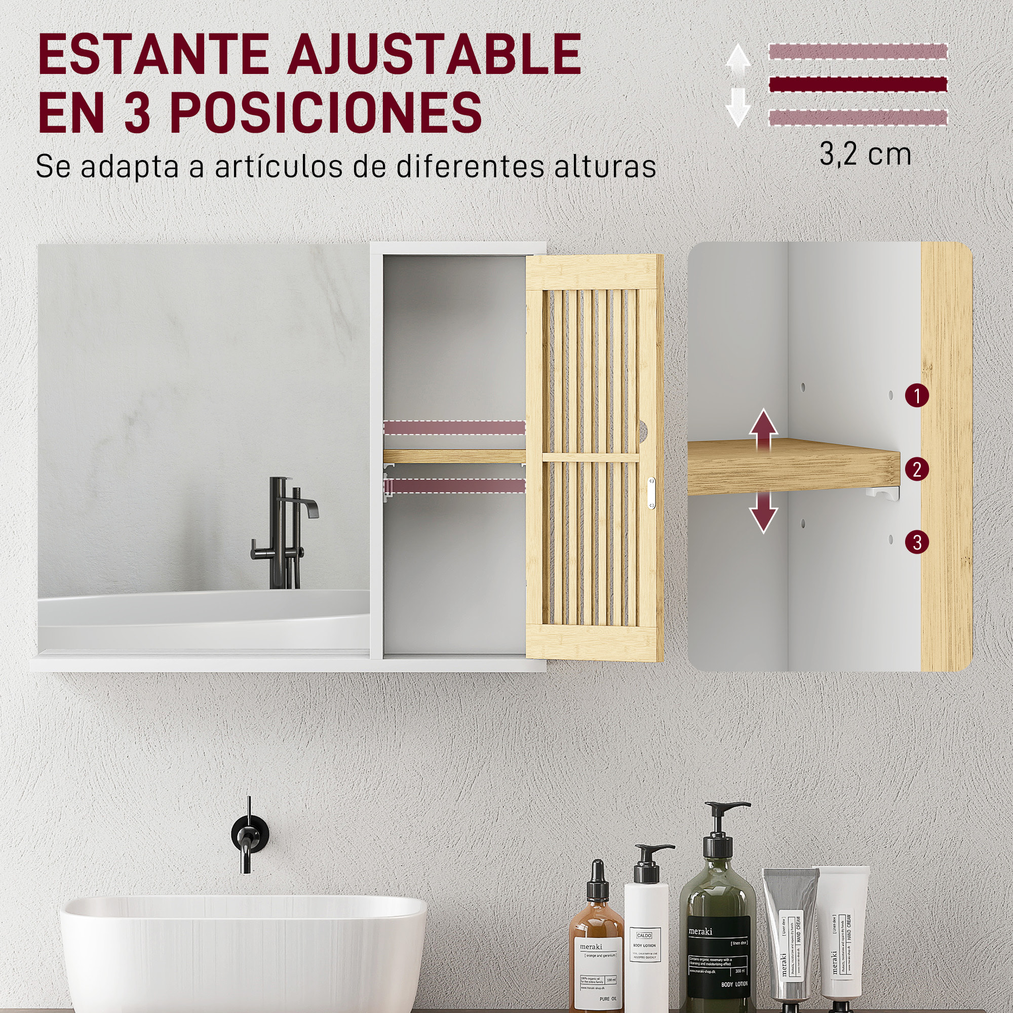 Espejo de Baño 60x50 cm, Espejo de Pared con Puerta de Listones de Bambú, Estantes de Almacenaje, Blanco y Natural