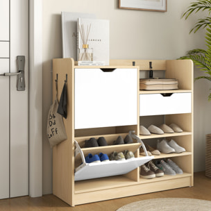 Zapatero Estrecho con 2 Puertas, Zapatero Entrada Recibidor con Estantes Ajustables, Cajón, Estantes Abiertos, 4 Ganchos, para 14 Pares de Zapatos, 93x30x90 cm, Natural y Blanco