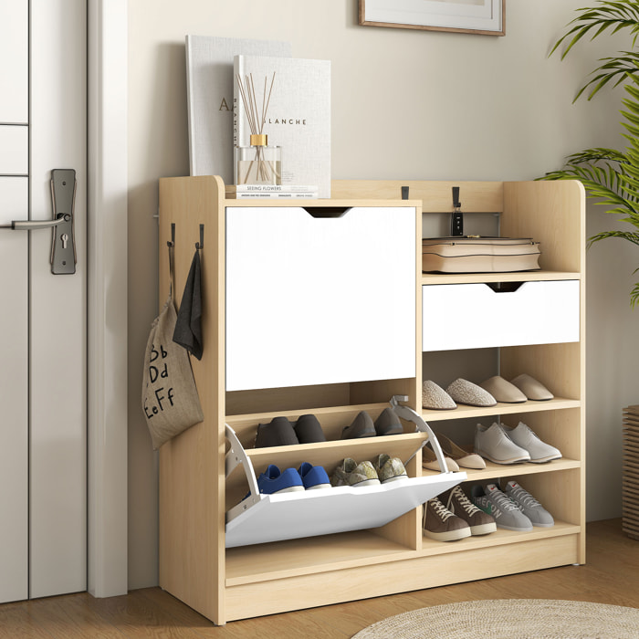 Zapatero Estrecho con 2 Puertas, Zapatero Entrada Recibidor con Estantes Ajustables, Cajón, Estantes Abiertos, 4 Ganchos, para 14 Pares de Zapatos, 93x30x90 cm, Natural y Blanco