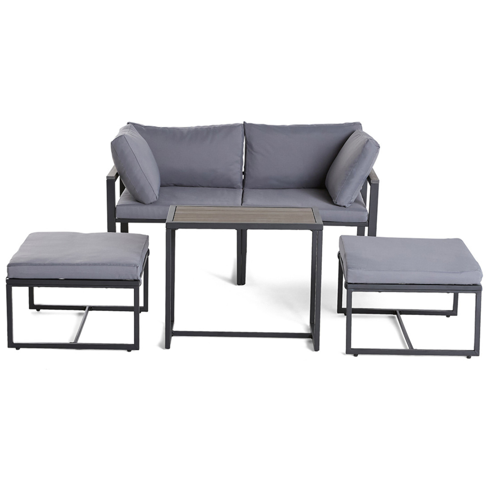 Beyla – salon de jardin modulable en acier noir - 4 places - coussins gris - Noir / Gris