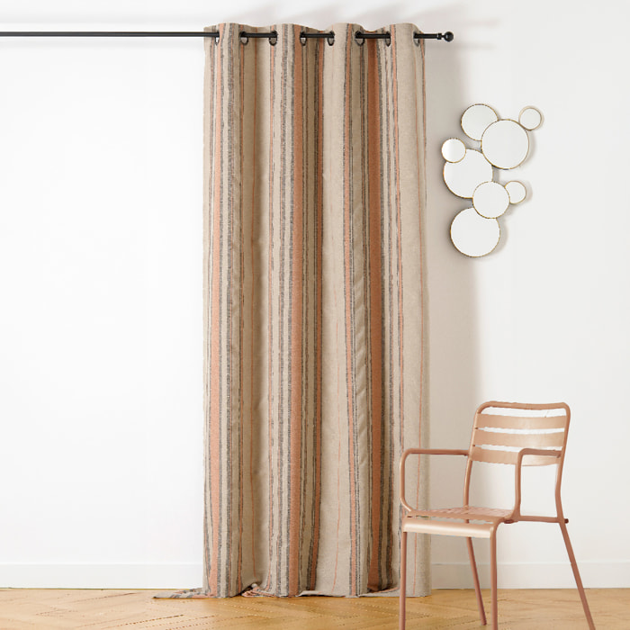Rideau à Oeillets Lin Rayé Esprit Méditerranéen - Terracotta