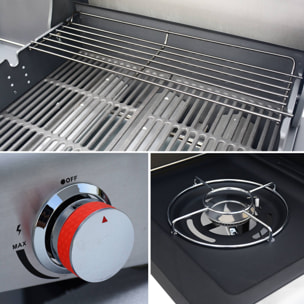 Barbecue au gaz - Bazin 3 Gris anthracite -  Cuisine extérieure 3 brûleurs + 1 feu latéral avec tablettes et thermomètre. rangement. roues