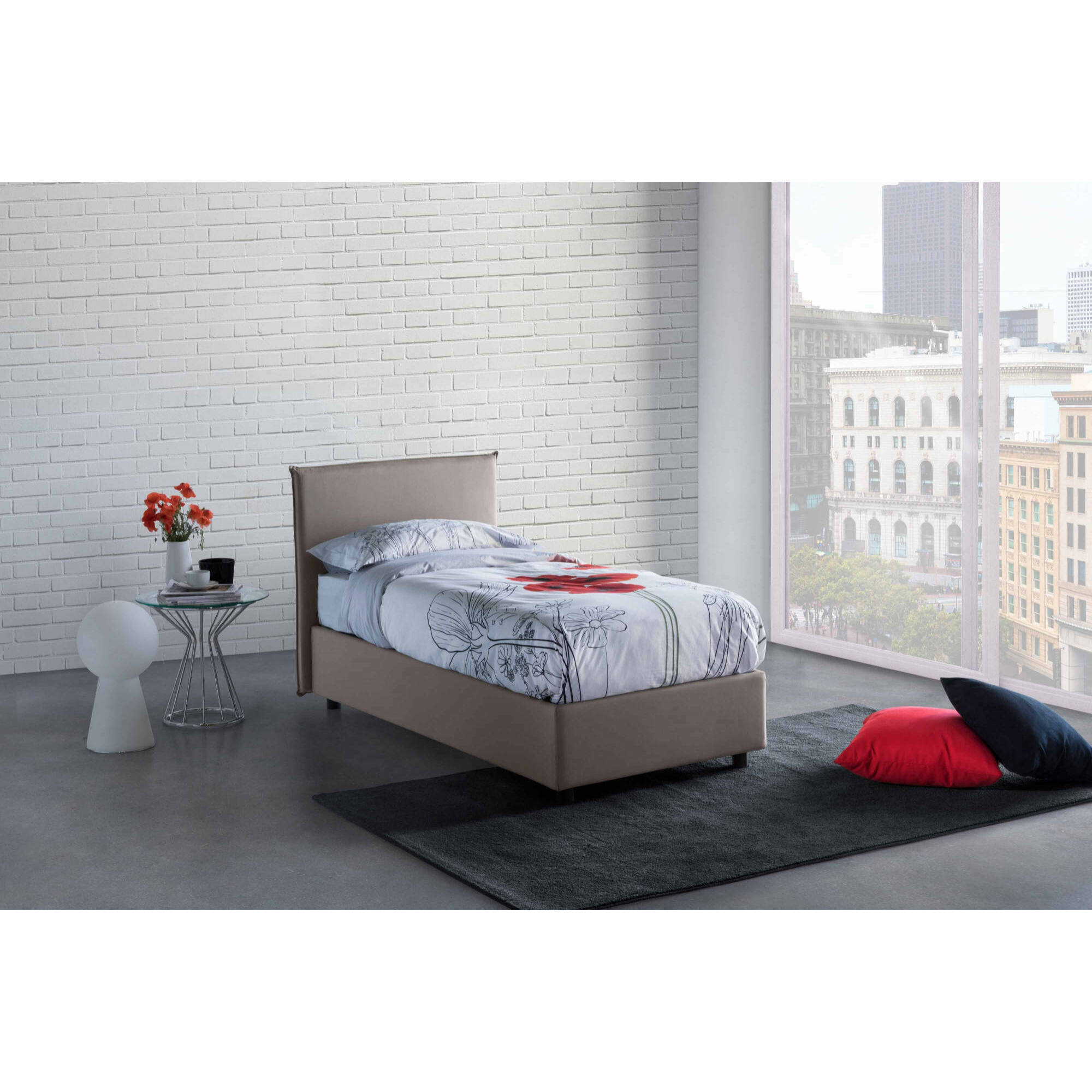 Letto singolo Bruna, Letto contenitore con rivestimento in tessuto, 100% Made in Italy, Apertura frontale, adatto per materasso Cm 80x190, Tortora