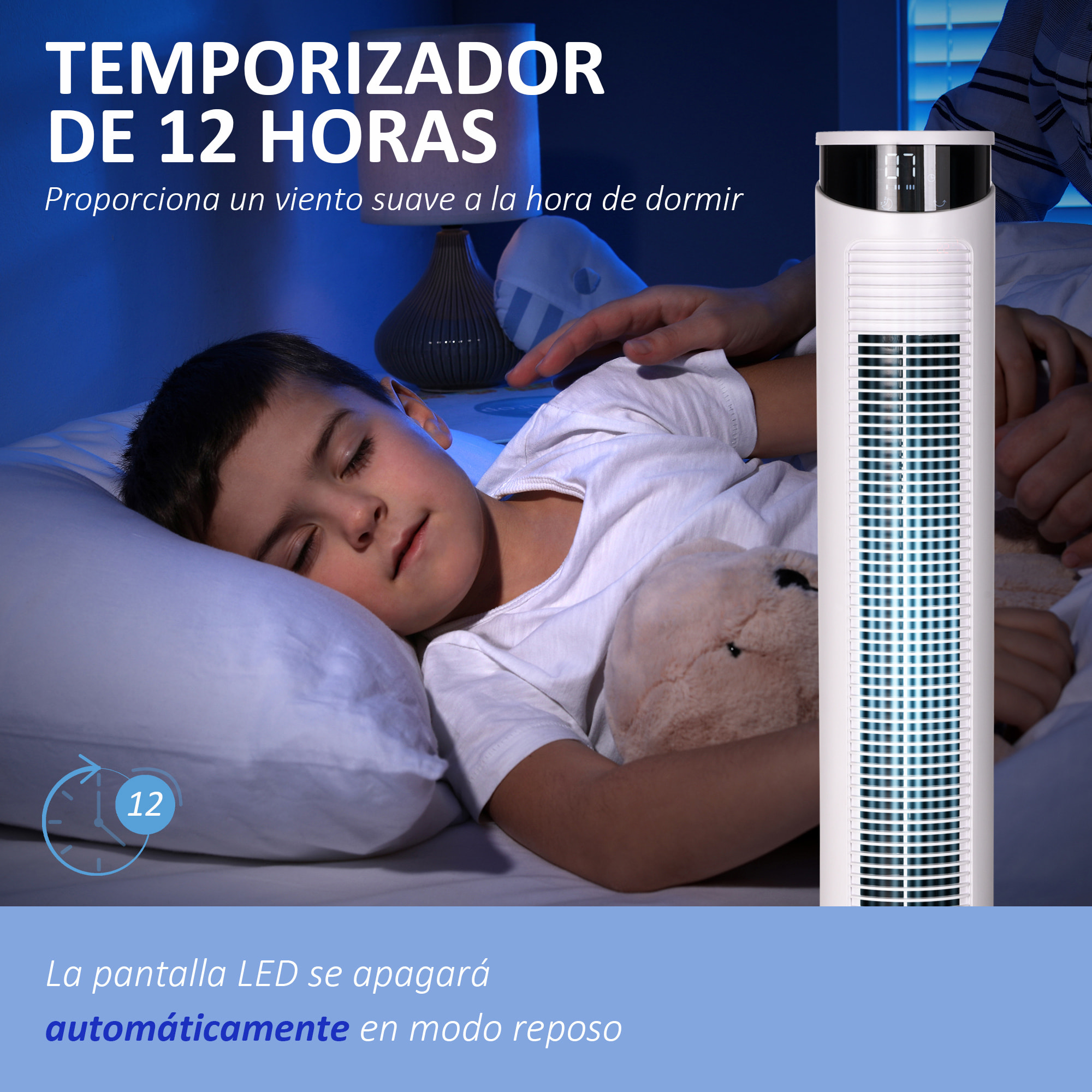 Ventilador de Torre Oscilante 45W con Control Remoto Temporizador de 12€¯h 3 Velocidades 3 Modos Pantalla LED y Asa de Transporte para Dormitorio Ø31,5x93 cm Blanco