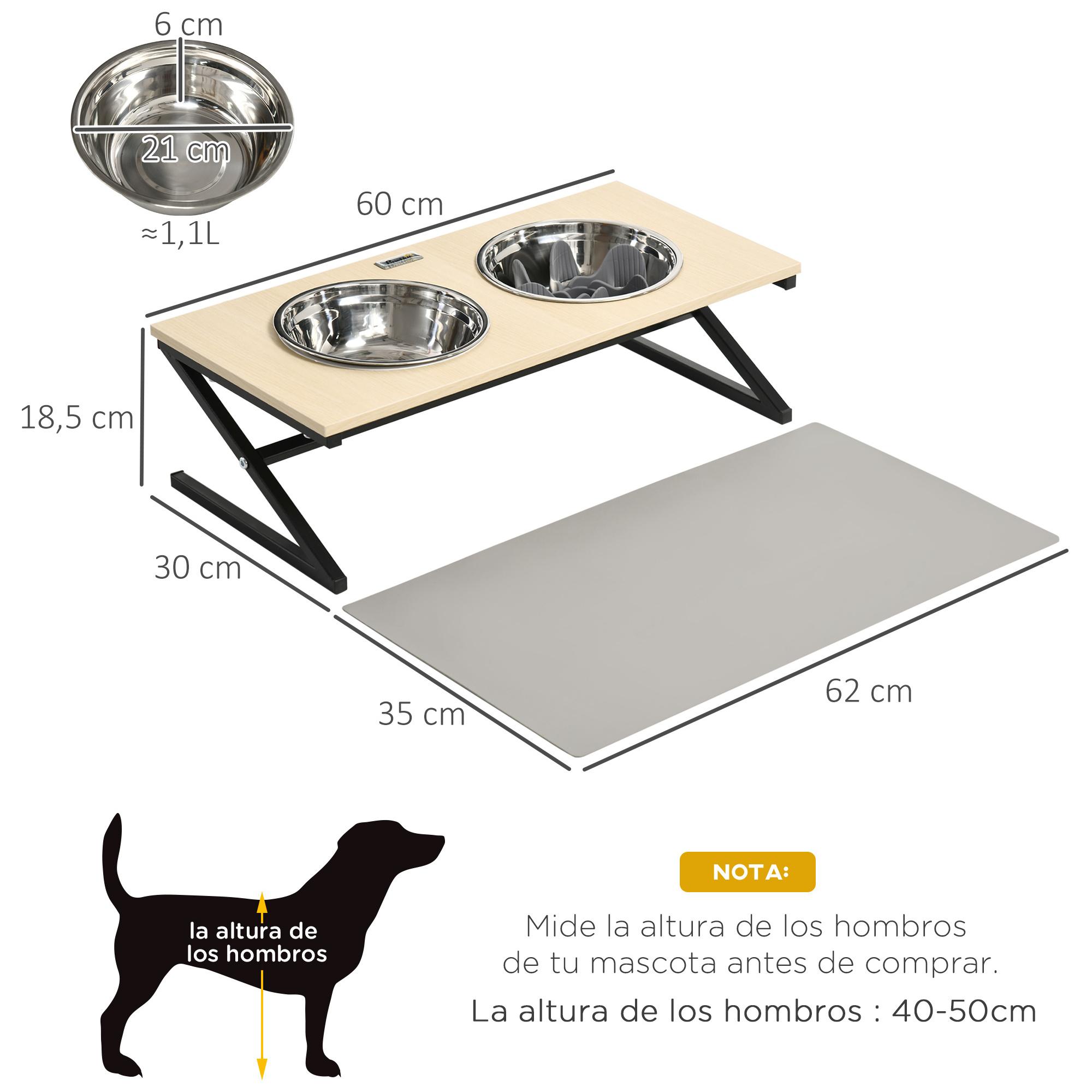 Comedero Elevado para Perros con Tapete y Comedero Lento Cuencos para Perros con 2 Tazones de Acero Inoxidable 1100 ml para Mascotas Medianos 60x30x18,5 cm Roble