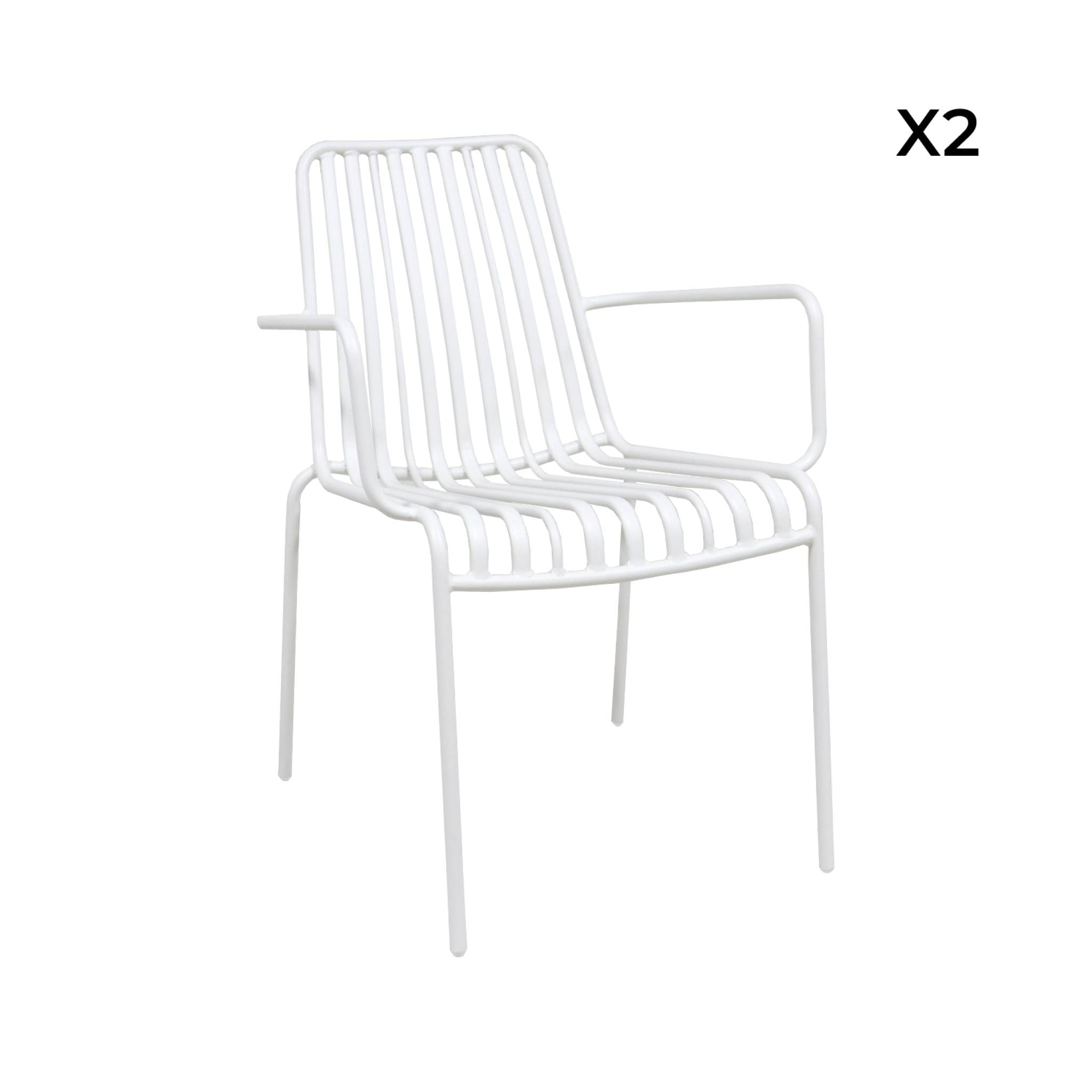 Lot de 2 fauteuils de jardin FLORIDA blanc empilable en acier. L 59 x P 53.5 x H 78 cm