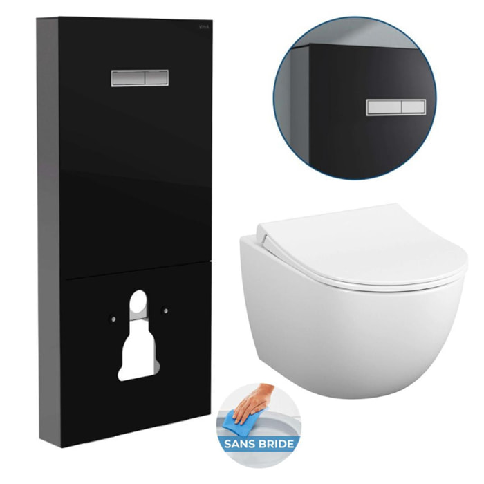 Pack WC Bâti support en verre trempé/aluminium brossé avec plaque intégrée, Noir + WC sans bride Sento + Abattant softclose