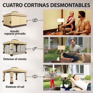 de Jardín 3,7x3 m, Pabellón de Jardín Gazebo con Doble Techo, 4 Cortinas y Mosquitera, Marco de Acero, Orificios de Drenaje, UV30+, para Exterior, Terraza, Patio, Beige