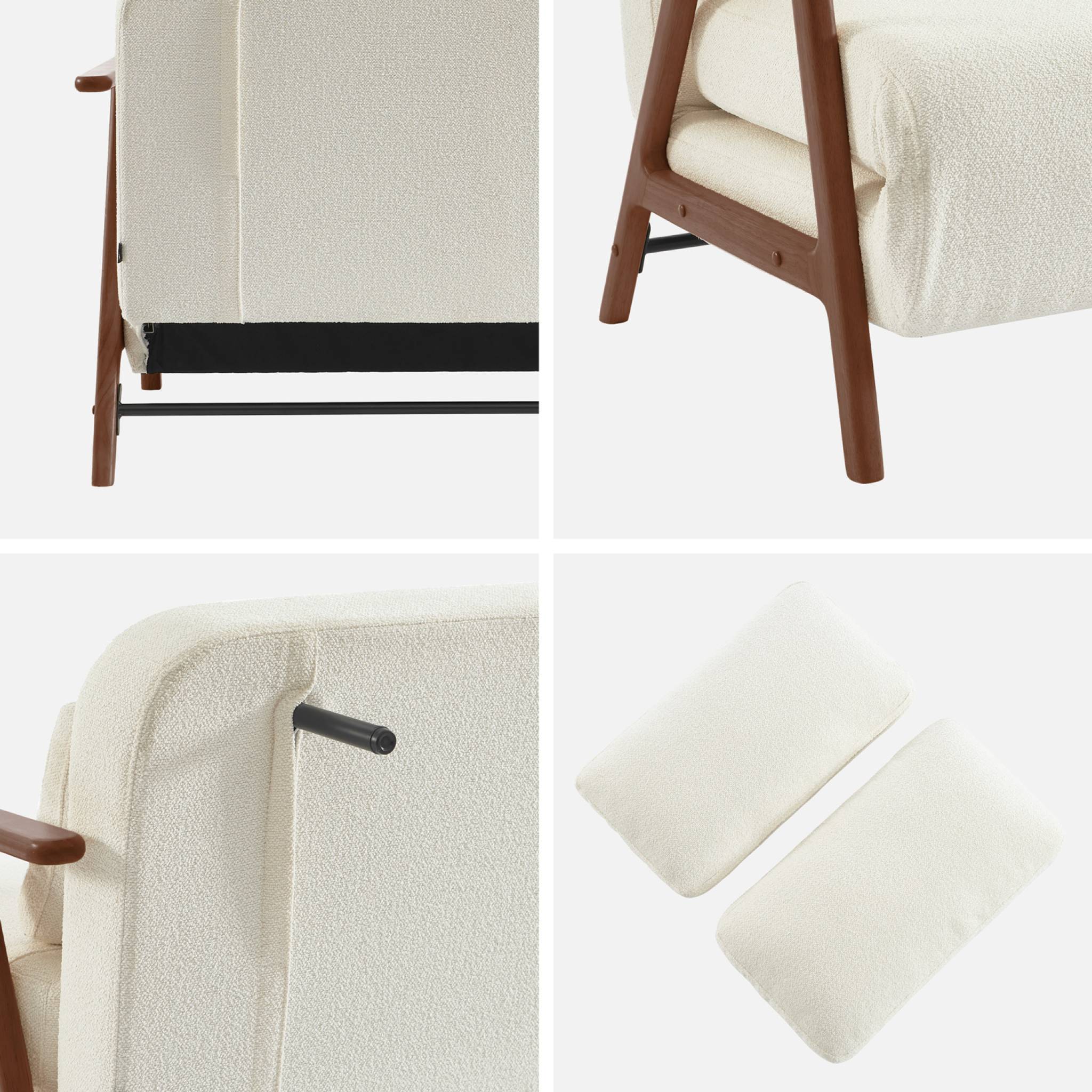 Banquette canapé convertible 2 places bois d'hévéa teinté noyer clair et bouclette texturée blanche L 133 x P 81 x 84cm - Sven