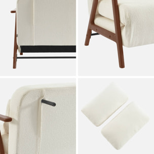 Banquette canapé convertible 2 places bois d'hévéa teinté noyer clair et bouclette texturée blanche L 133 x P 81 x 84cm - Sven