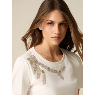 Oltre - Camiseta de algodón con bordado de pedrería - Blanco