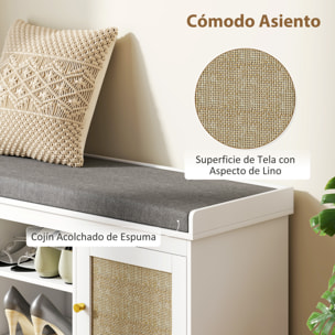 Banco Zapatero Mueble Zapatero Banco Recibidor Bohemio con Asiento Acolchado Puertas Frentes de Ratán Estante Abierto Estante Ajustable para 9 Pares de Zapatos para Entrada 105x35x47 cm Blanco