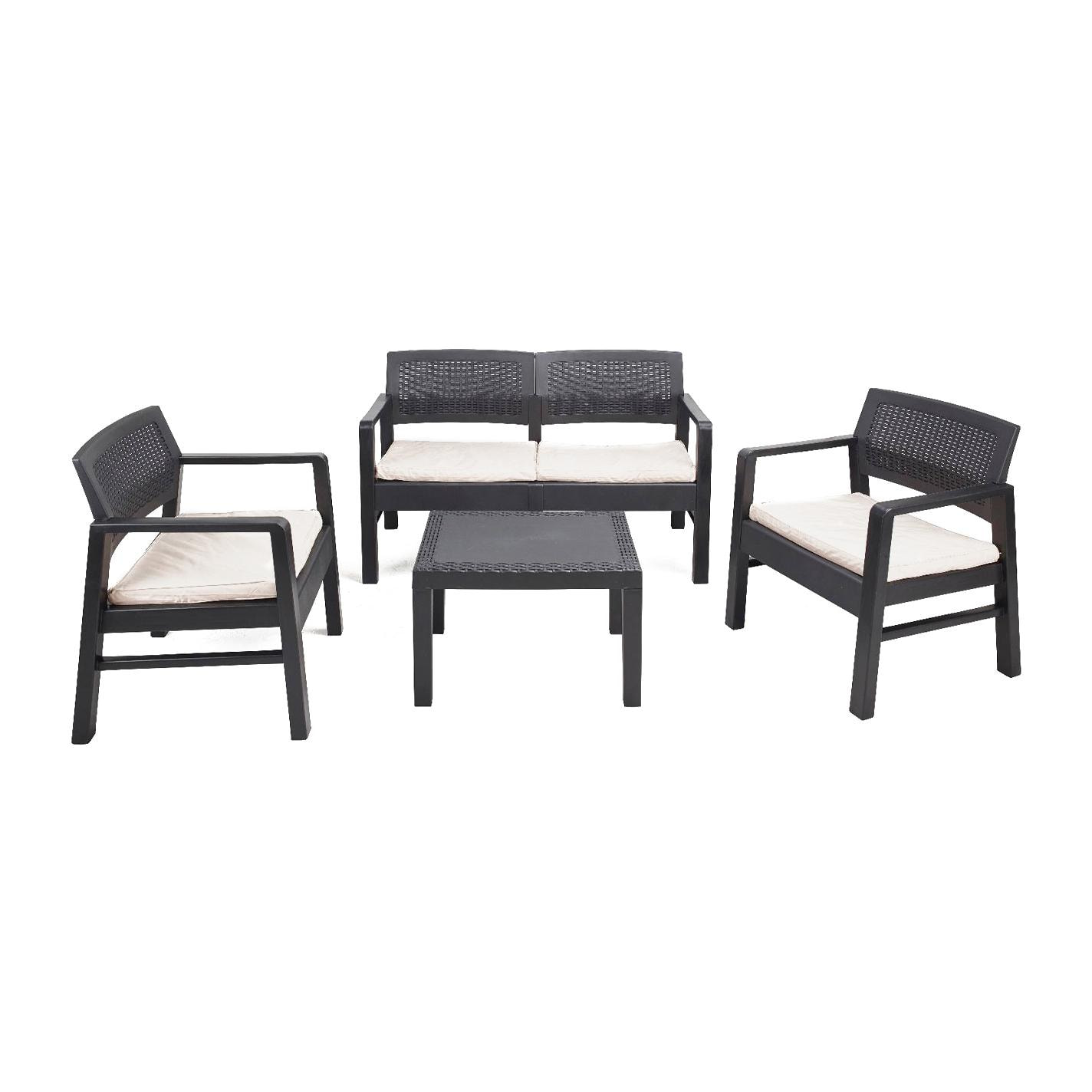 Set salotto da esterno Carpi, Set da giardino con 2 poltrone, 1 divano ed 1 tavolino, Salottino effetto rattan con cuscini, 100% Made in Italy, Antracite