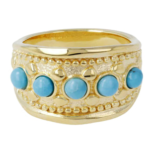 Anello a Fascia Graduato placcato Oro Giallo 18Kt con Superficie Lavorata e Sfere in Turchese