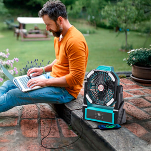 Ventilatore A16 con motore senza spazzole, LED con 32 luci, 4 velocità, 3 livelli di luce e timer. Angolo regolabile di 90º con gancio per appendere e powerbank da 10000 mAh.