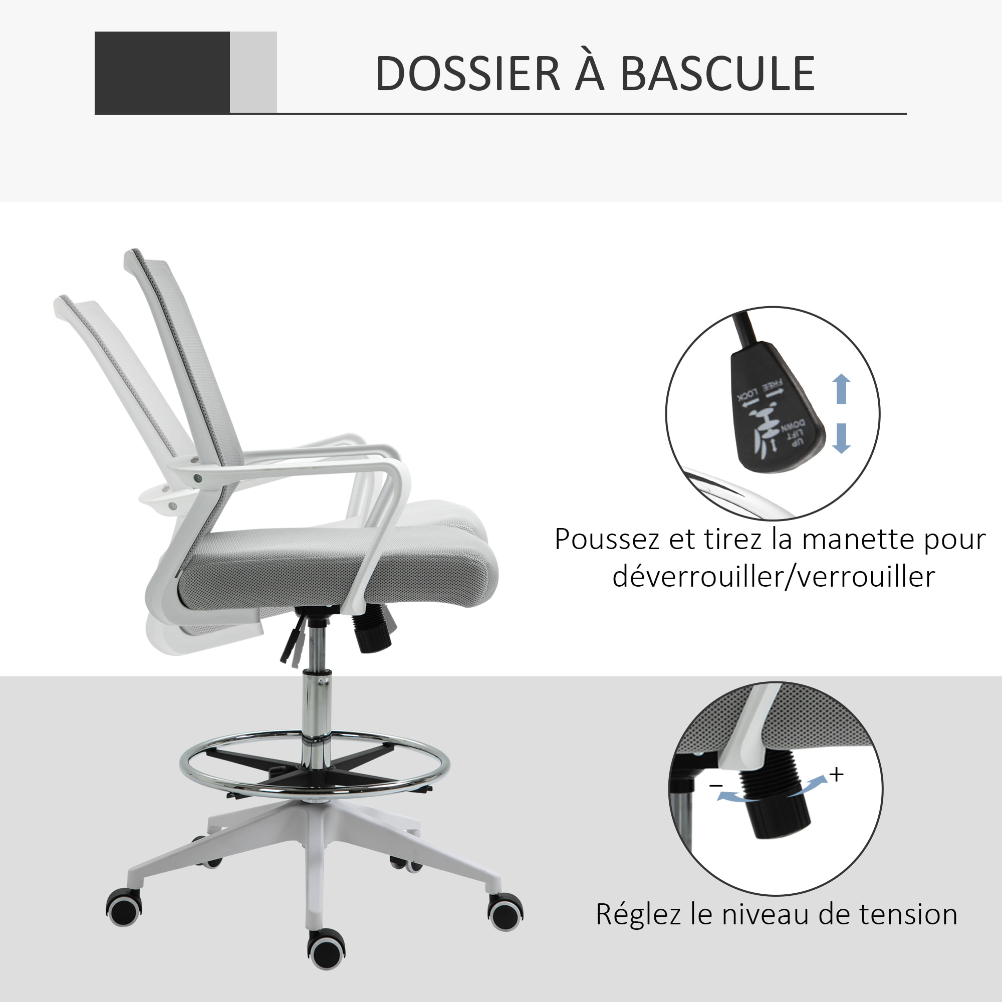 Fauteuil de bureau chaise de bureau assise haute réglable dim. 64L x 59l x 104-124H cm pivotant 360° maille respirante gris