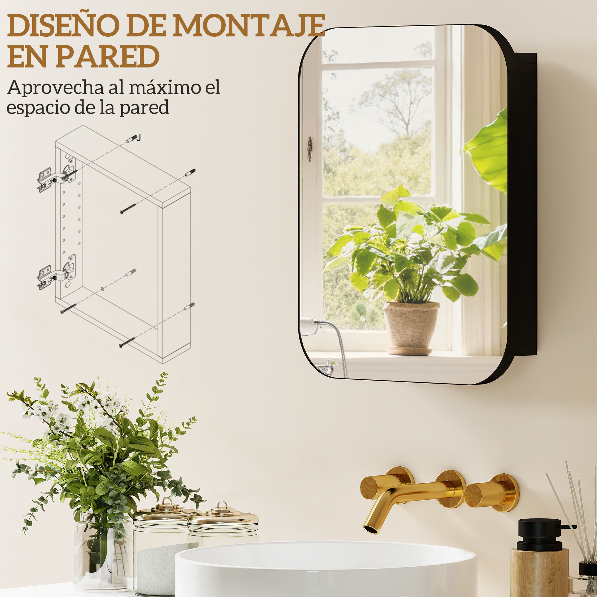 Armario de Baño con Espejo, Diseño con Bordes Curvados, Armario de Pared, Mueble de Baño Colgar, Estantes Ajustables, 40,2x10,2x50,9 cm, Negro
