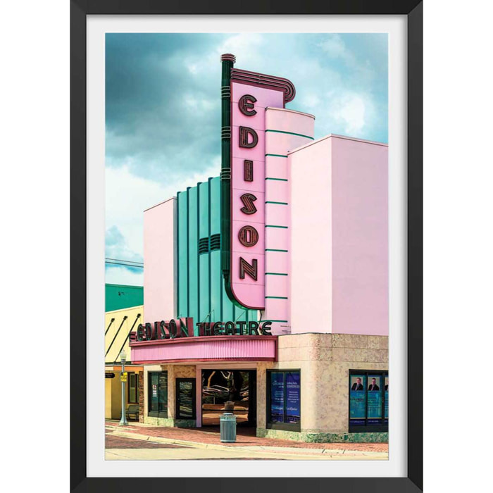 Affiche edison theater sur fond rose Affiche sous cadre noir