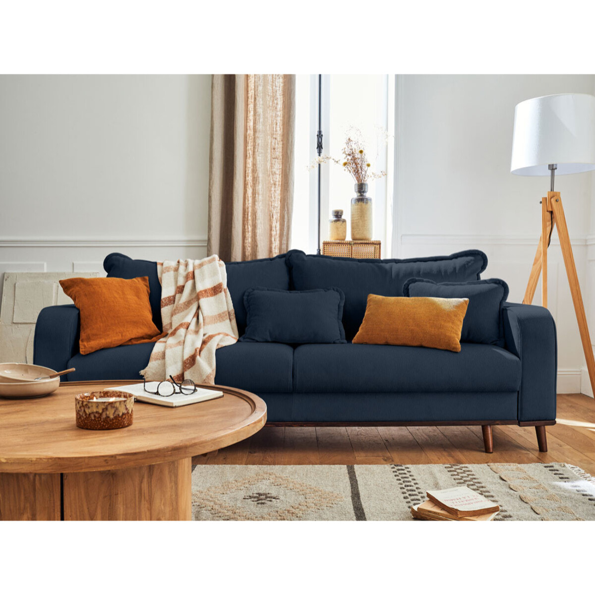 Albane - canapé 3 places - convertible avec coffre - en velours côtelé - Bleu Ardoise