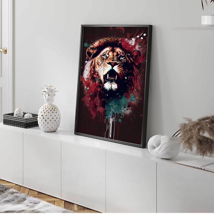 Affiche encadrée lion rugissant art contemporain Affiche + cadre en métal - Noir