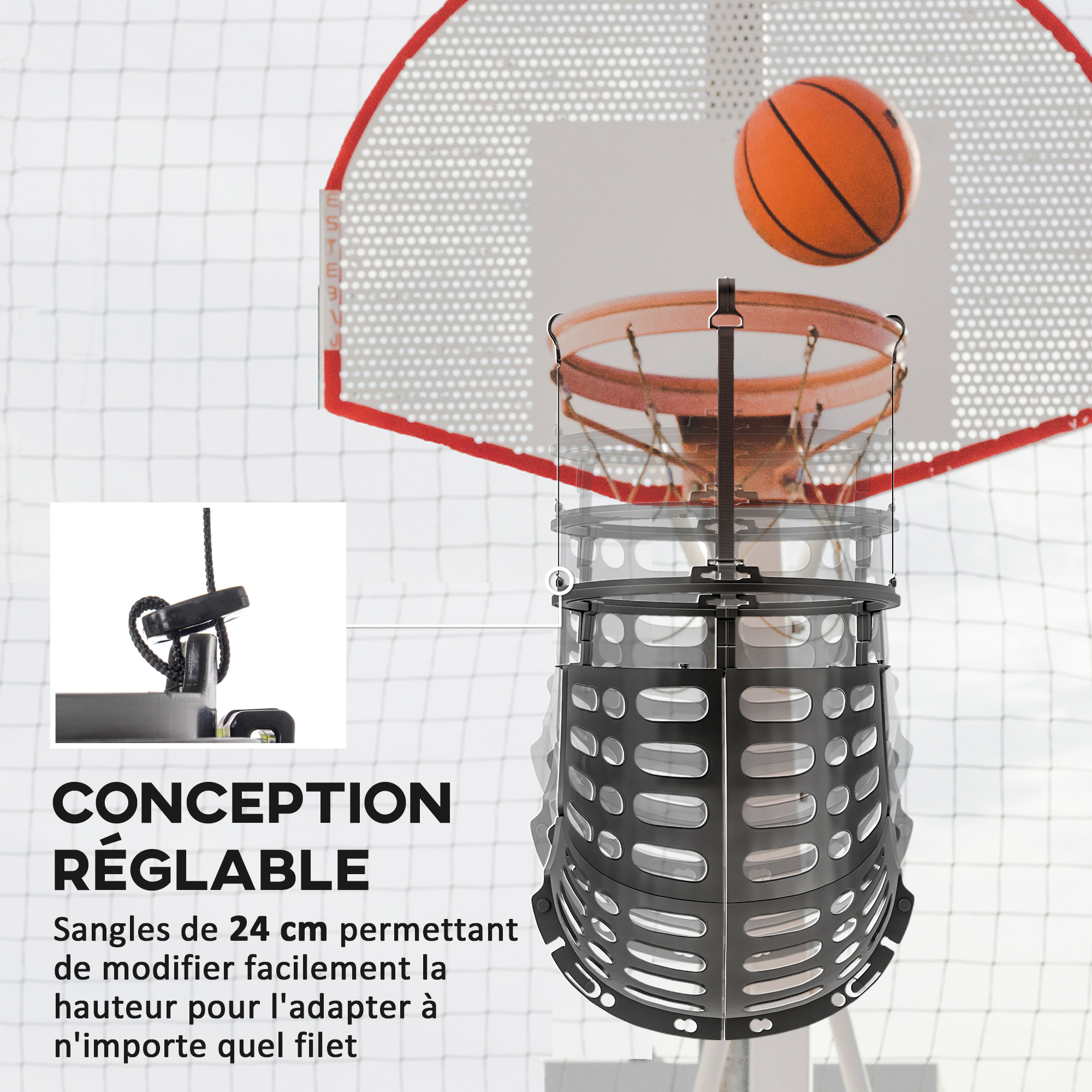 Retour de ballon de basket-ball - rotation 360°, hauteur réglable, crochets amovibles - noir