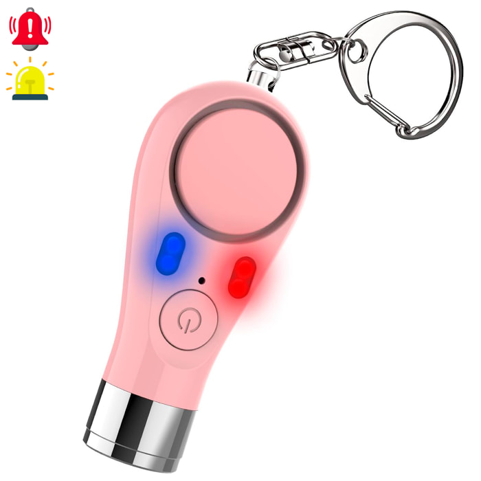 Alarma SOS personal con luz LED brillante, señal roja/azul y sonido de 130±5 dB. Batería recargable.
