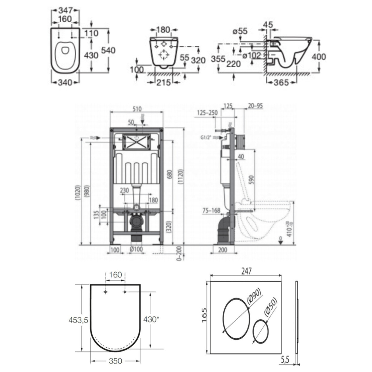 Pack WC bâti-support autoportant + WC suspendu sans bride avec abattant SoftClose + plaque noir mat (STROGAWR03-U)