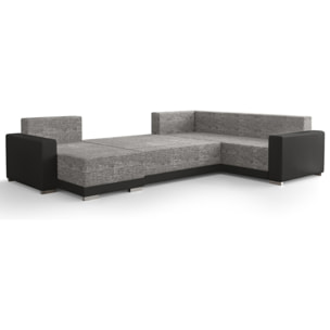 Roger - Canapé panoramique d'angle réversible 7 places convertible avec coffre en tissu - Gris / Noir