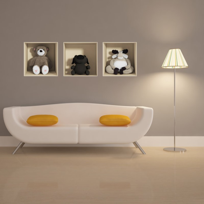 Stickers muraux 3D | Sticker Mural Autocollant effet 3D jouets Ourson, chien et cerf - Stickers adhésifs 3D Chambre Salon Trompe l'oeil