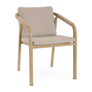 Set 4 sedie da giardino ALVOR con cuscini, intreccio in corda e struttura in alluminio effetto legno