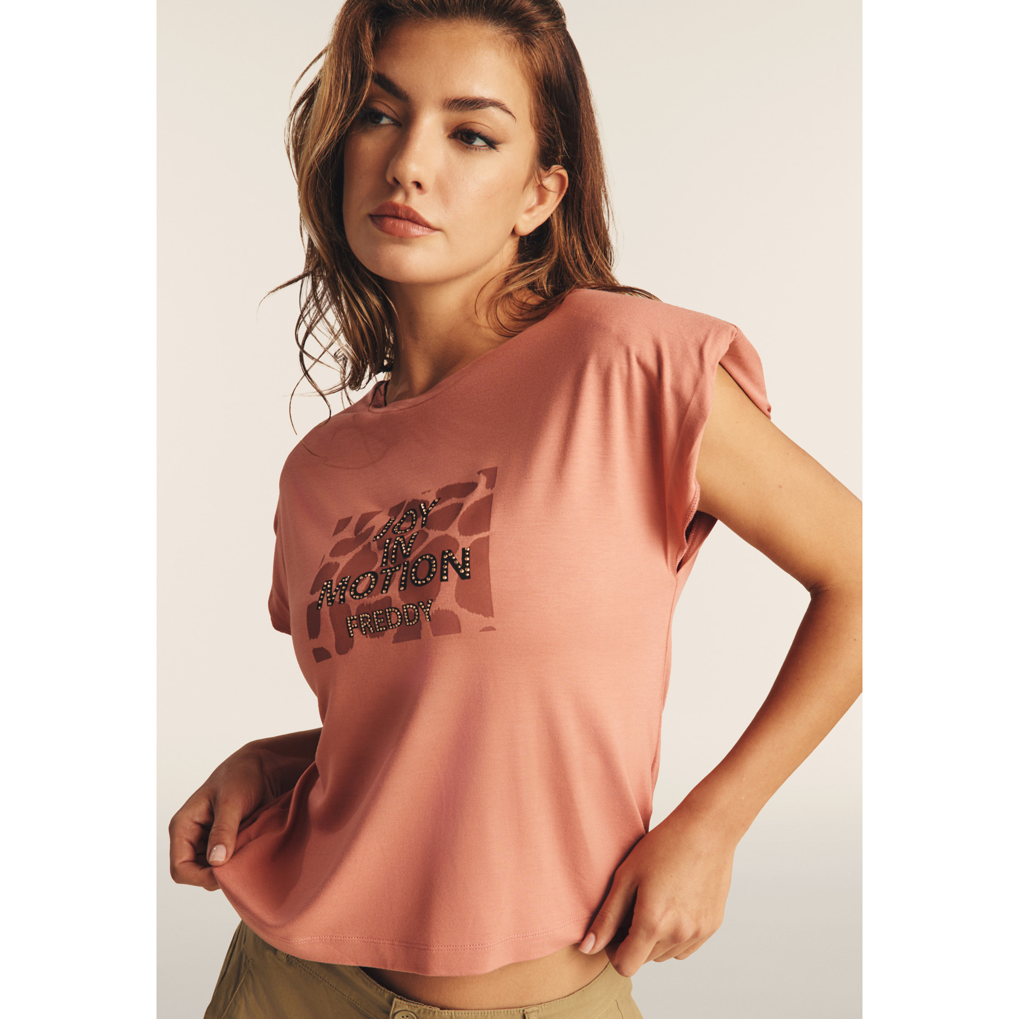 T-shirt cropped senza maniche in jersey viscosa con grafica