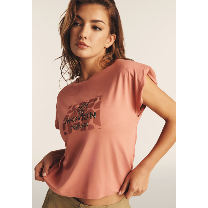 T-shirt cropped senza maniche in jersey viscosa con grafica