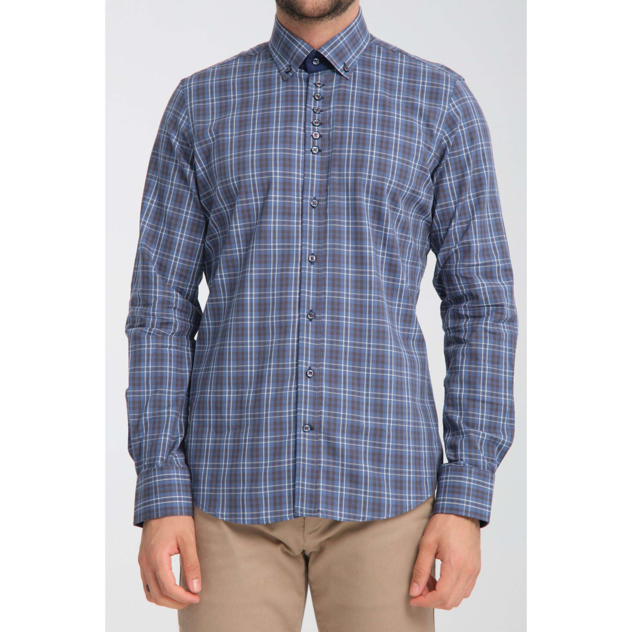 Camicia Uomo 1 Bottoni Button Down Slim Oxford Quadro Medio Blu/Blu Avion