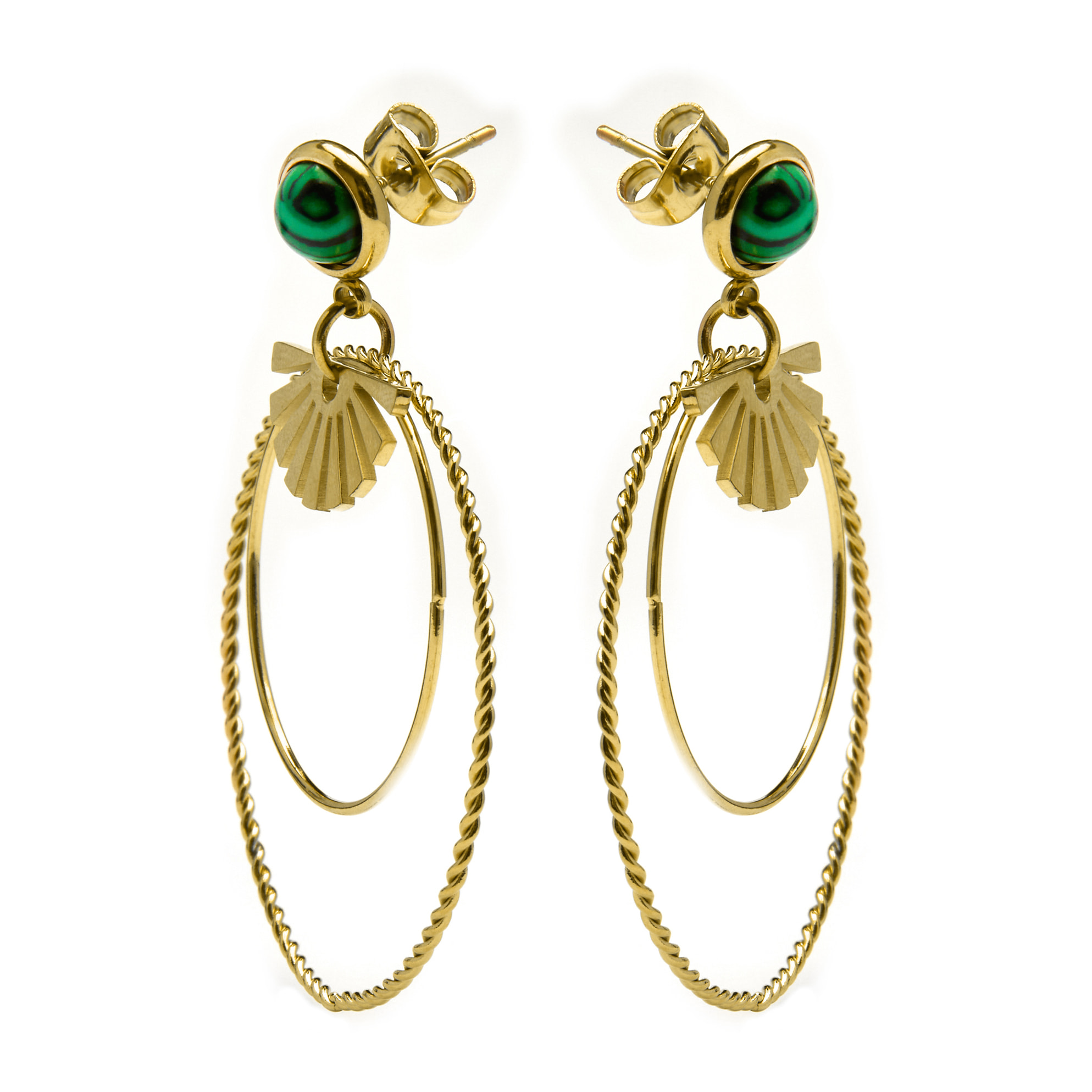 Pendientes de Malaquita acabados en oro amarillo de 18K- Mobu