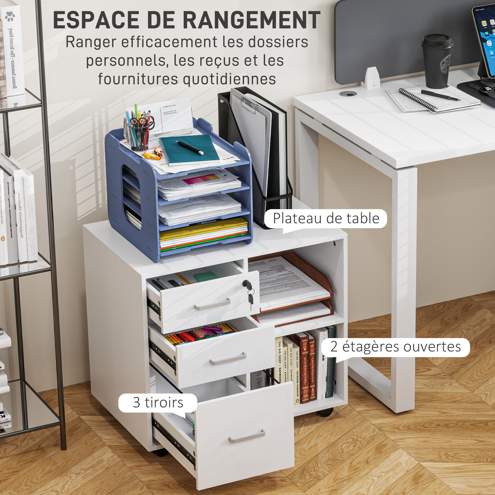 Meuble imprimante mobile - caisson de bureau - tiroir verrouillable + 2 tiroirs, 2 niches - blanc