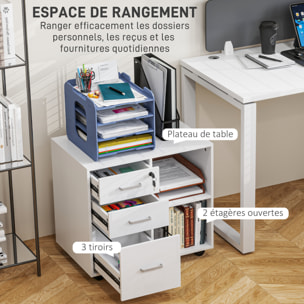 Meuble imprimante mobile - caisson de bureau - tiroir verrouillable + 2 tiroirs, 2 niches - blanc