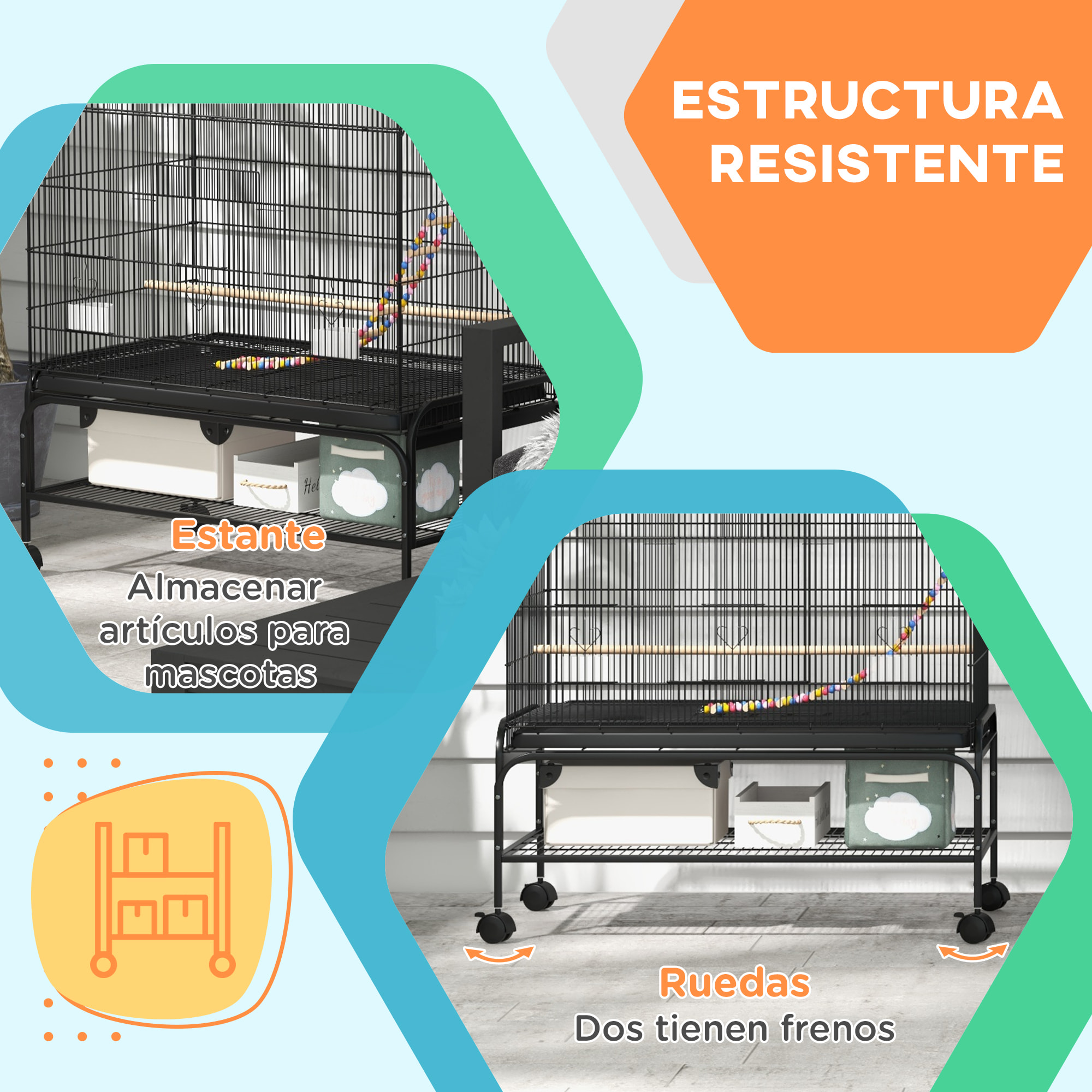 Jaula para Pájaros, Jaula Grande con Ruedas, Comederos, Perchas, Estante Inferior, Bandeja Extraíble, Pajarera, Columpio y Escalera para Loros, Canarios, 97x58x160 cm, Negro