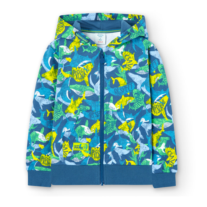 Chaqueta niÃ±o, felpa, estampado, capucha forrada, azul.